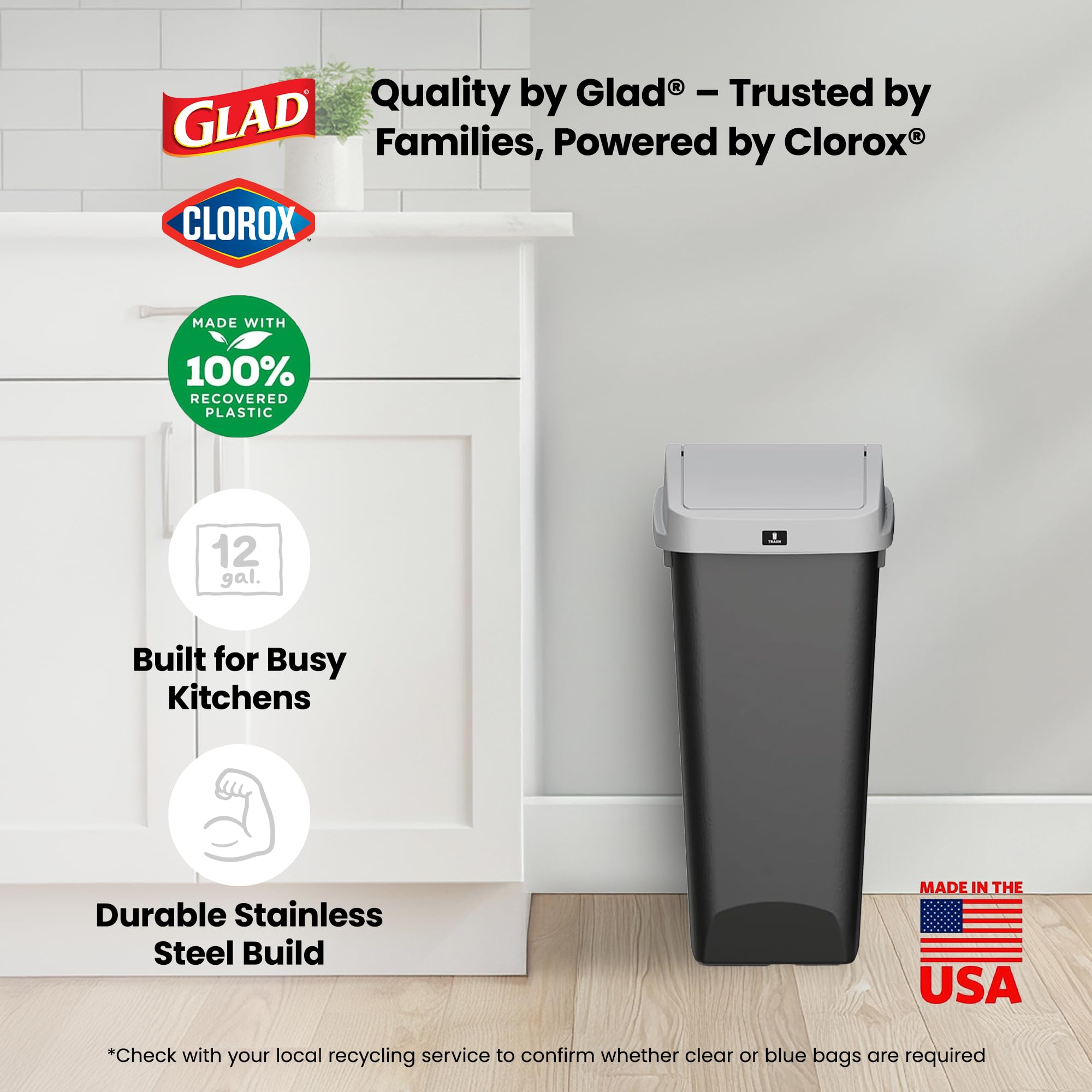 Glad comparison with a gallon jug to show 12-gallon bin scale and capacity