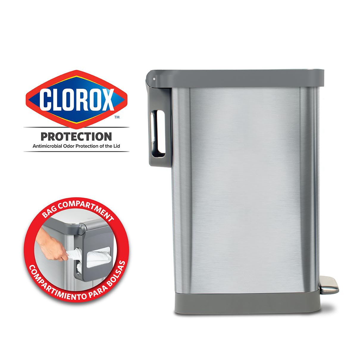 Glad slim trash can with lid held open for hands-free loading benefit