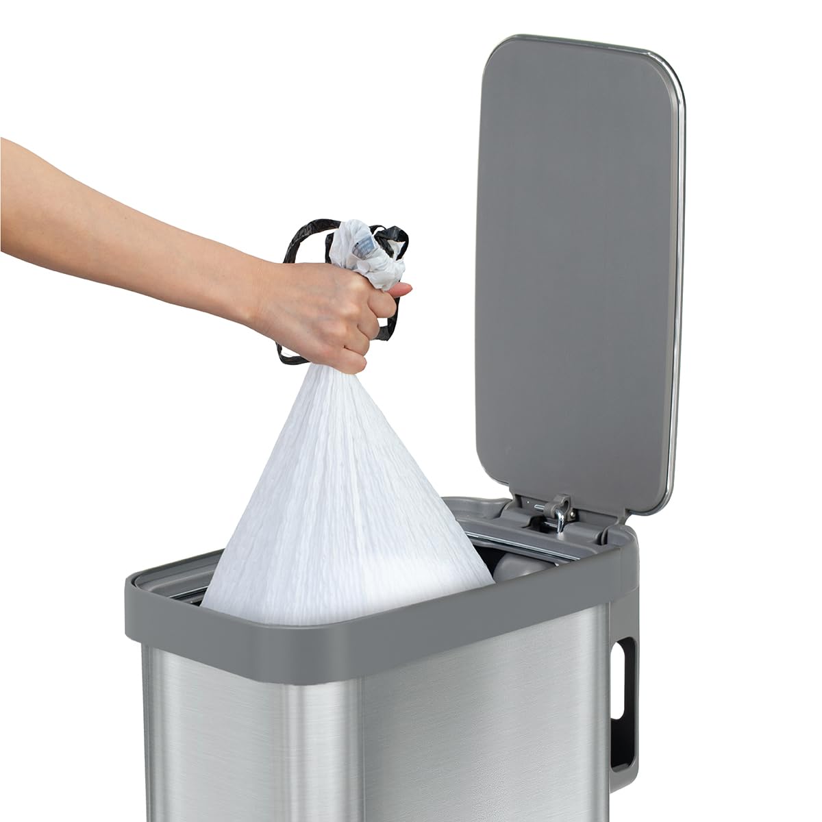 Glad slim trash can next to kitchen counter showing compact space-saving fit