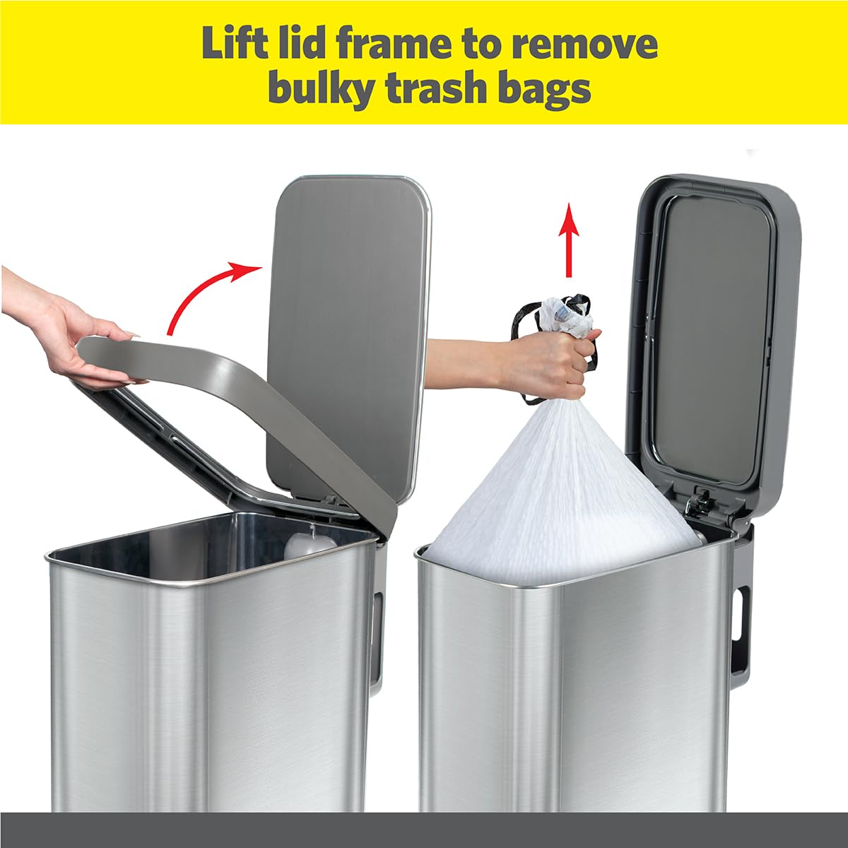 Glad slim trash can pedal being pressed for hygienic hands-free use