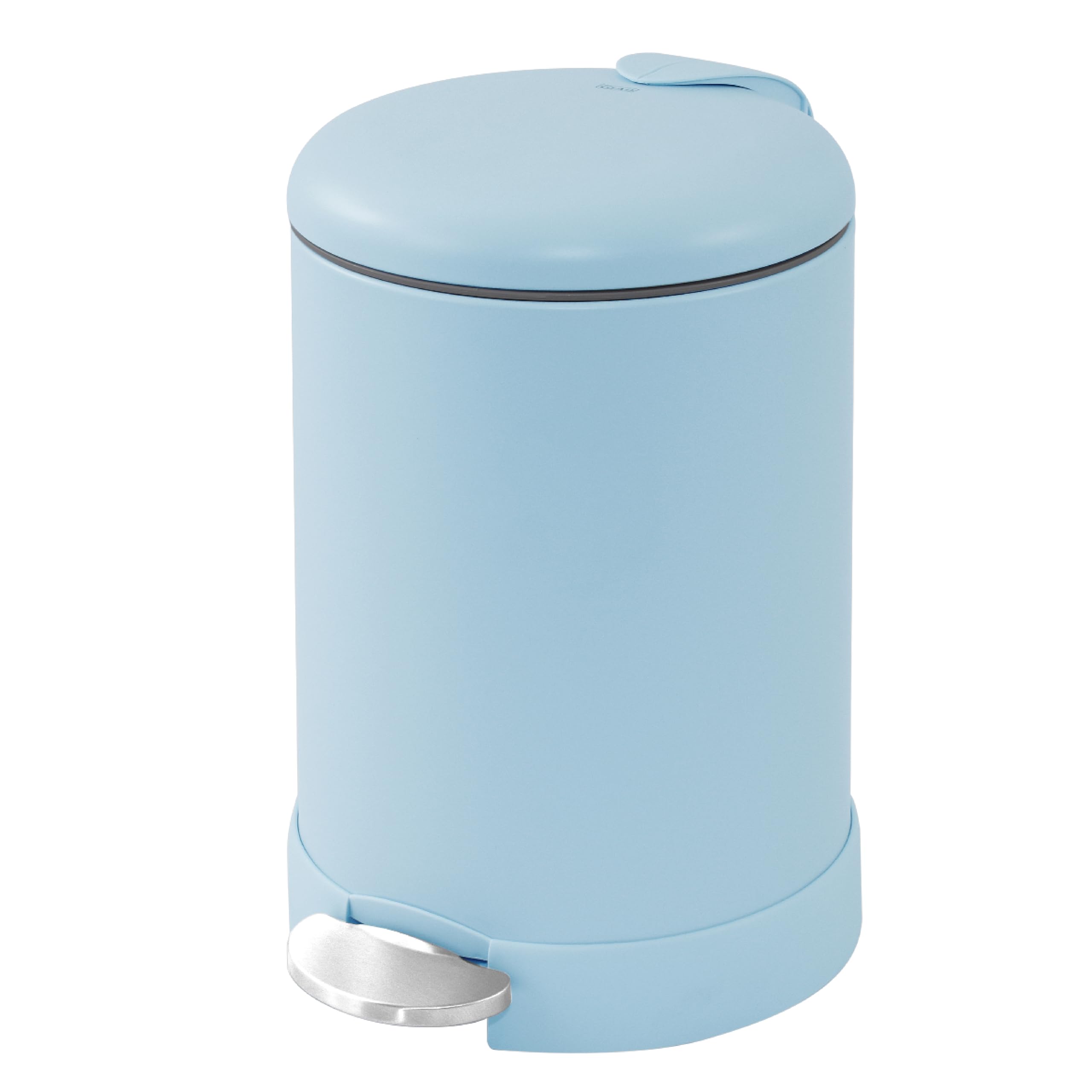 Glad small trash can front view showing compact blue stainless finish for modern spaces