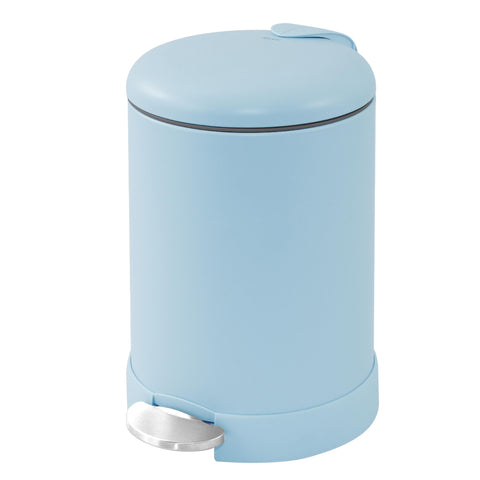 Glad small trash can front view showing compact blue stainless finish for modern spaces