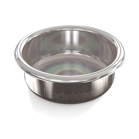 Gladwise basket next to tamper showing recommended 58.5–58.8mm fit