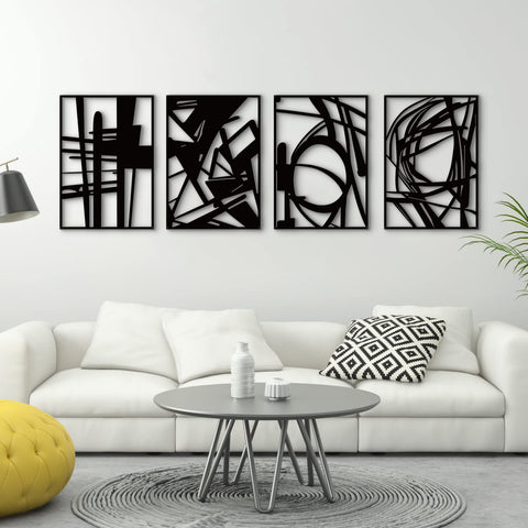 Glamativity front view of four black abstract metal panels showing modern balance and sleek finish