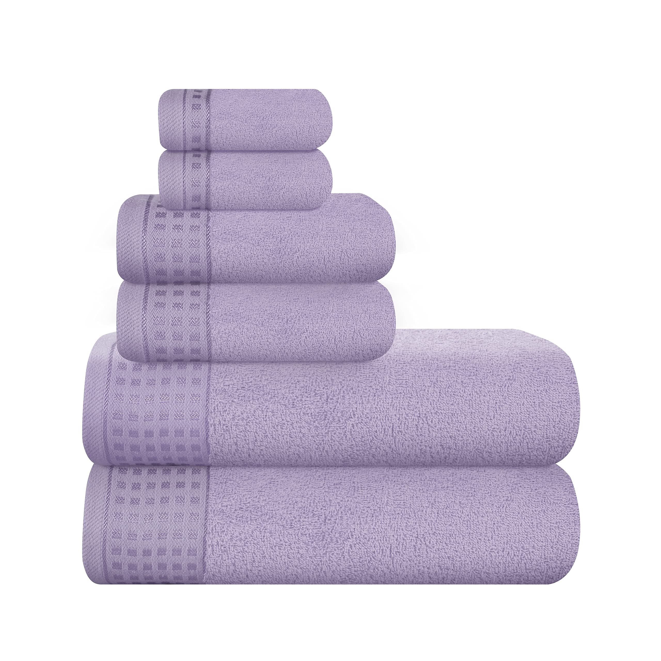 GLAMBURG front view of 6-pack towels showing coordinated purple set and neat packaging for easy storage