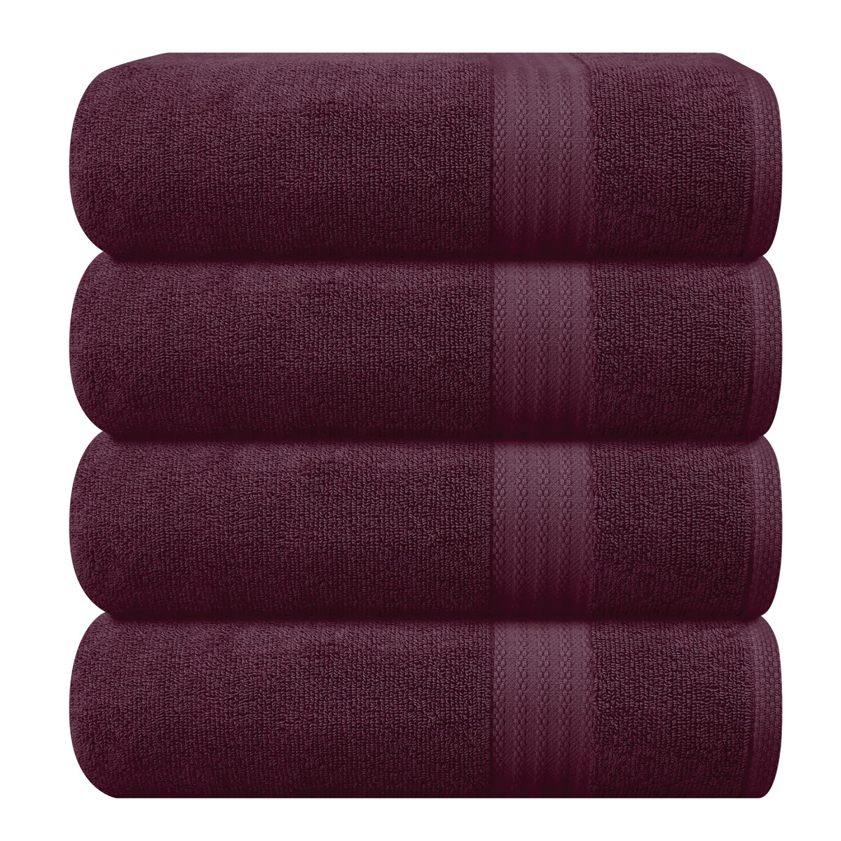 GLAMBURG front view of four burgundy towels showing coordinated set and neat fold