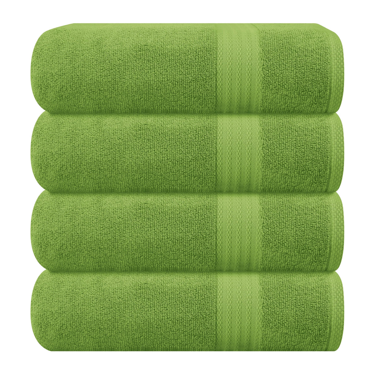 GLAMBURG front view of four kiwi green towels showing coordinated set and neat fold