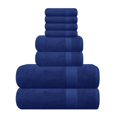 GLAMBURG front view of navy towel set showing coordinated pieces and neat fold