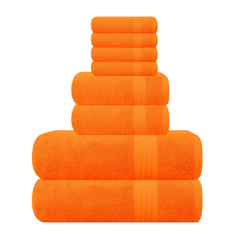 GLAMBURG front view of orange towel set showing complete 8-piece collection and neat packaging