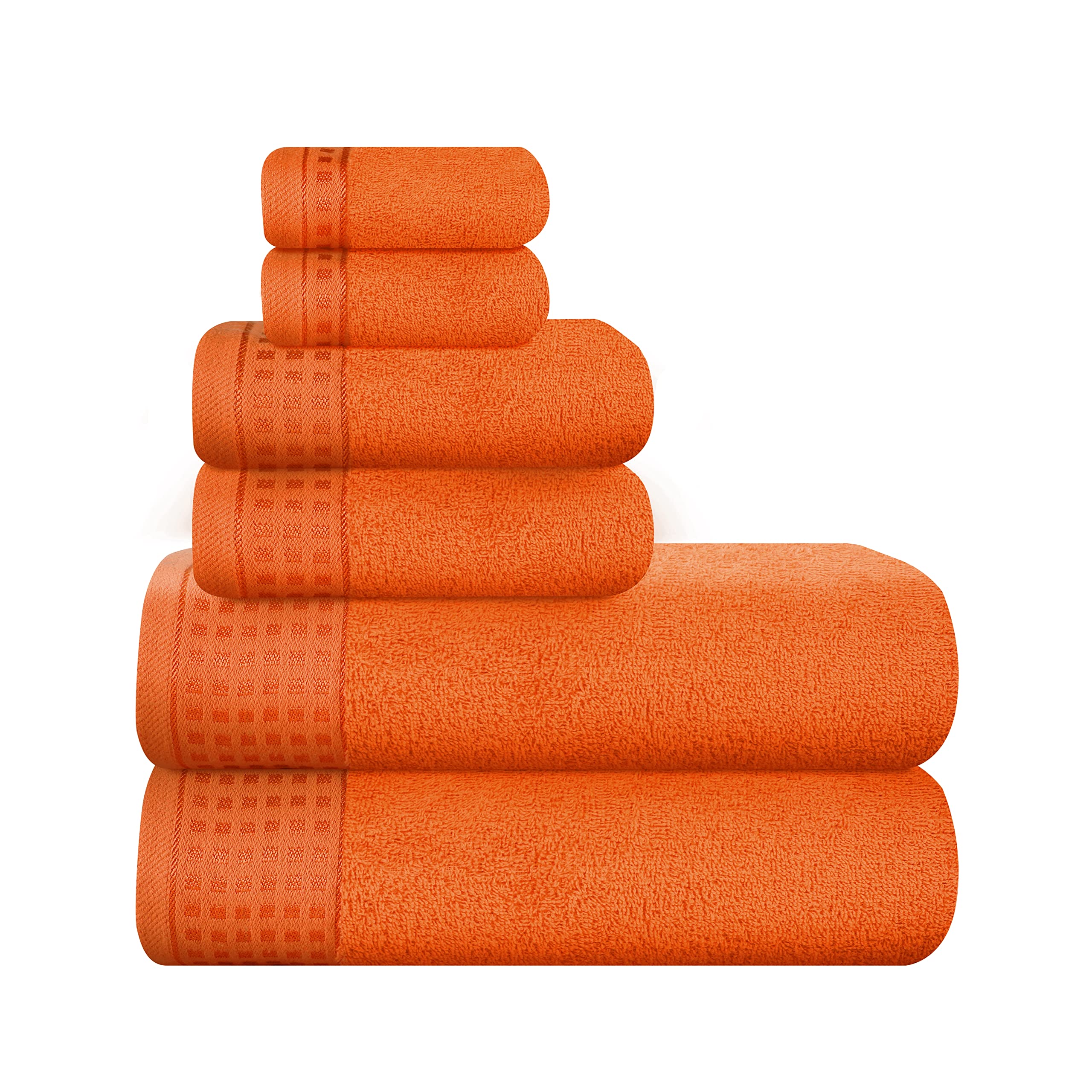 GLAMBURG front view of orange six‑piece towel set showcasing contents and color