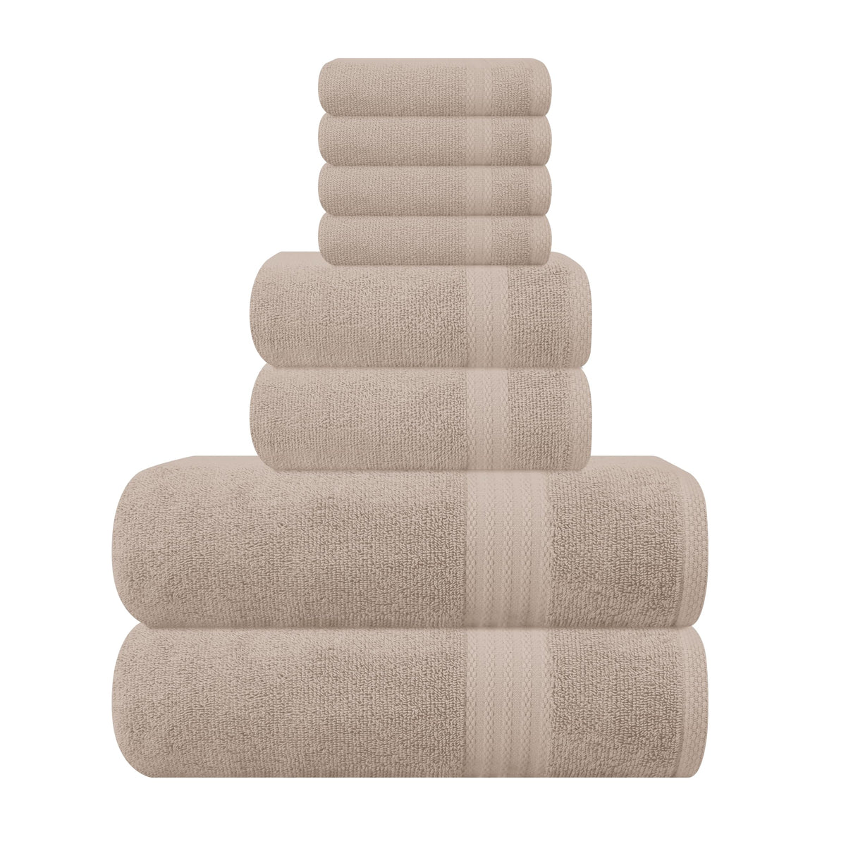 GLAMBURG front view of folded tan towel set showing coordinated look and value