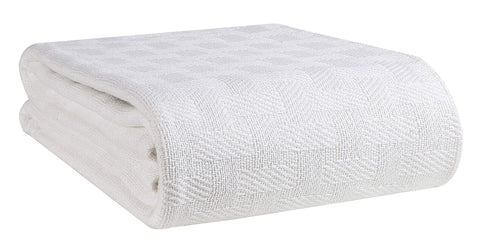 GLAMBURG front view of queen blanket showing clean white finish and benefit: elegant layering
