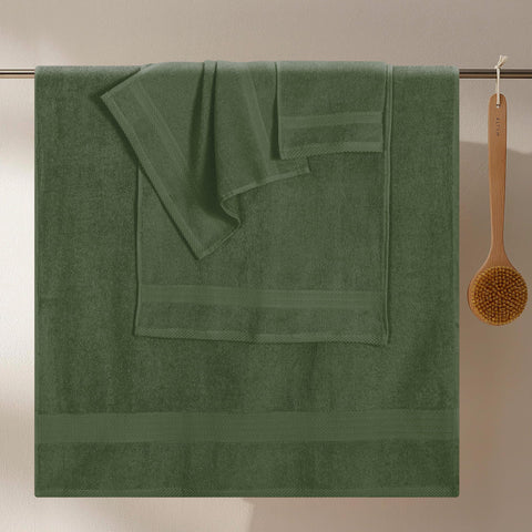 GLAMBURG hand towel close view showing olive color and smooth cotton weave for daily drying