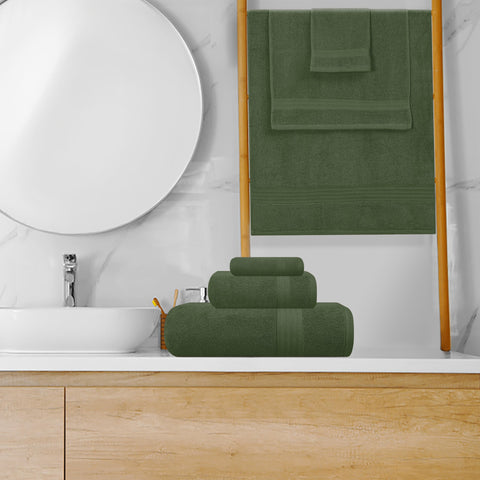 GLAMBURG stacked olive washcloths exhibiting compact size and quick-dry texture for face use