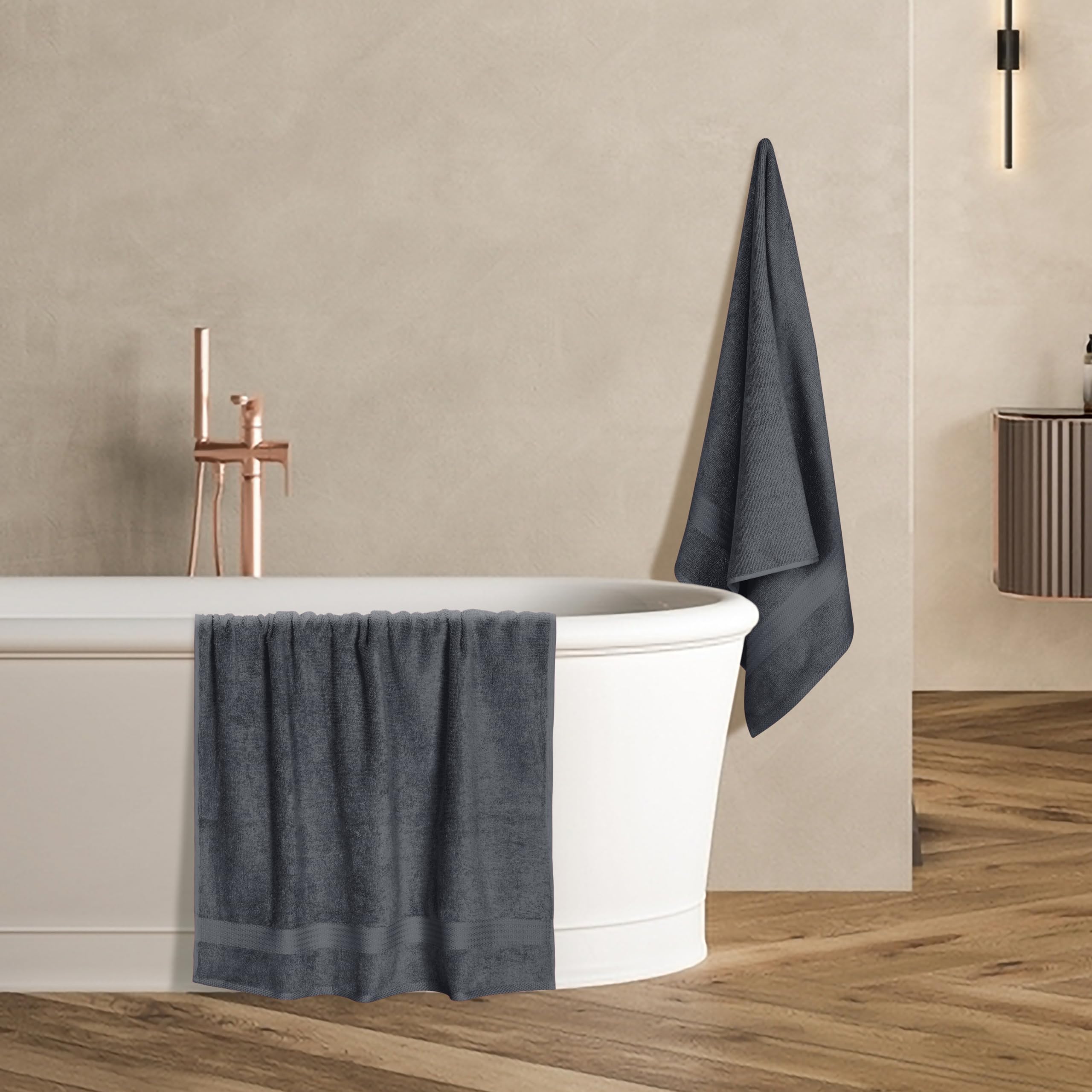 GLAMBURG towel hung in bathroom showing practical use and easy-care benefit