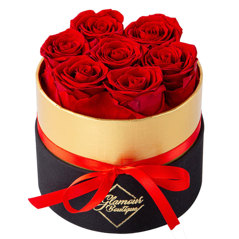 GLAMOUR BOUTIQUE front box view showing elegant red roses and luxe presentation