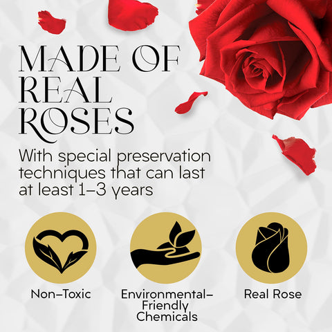 GLAMOUR BOUTIQUE open box display showing full preserved rose arrangement for gifting