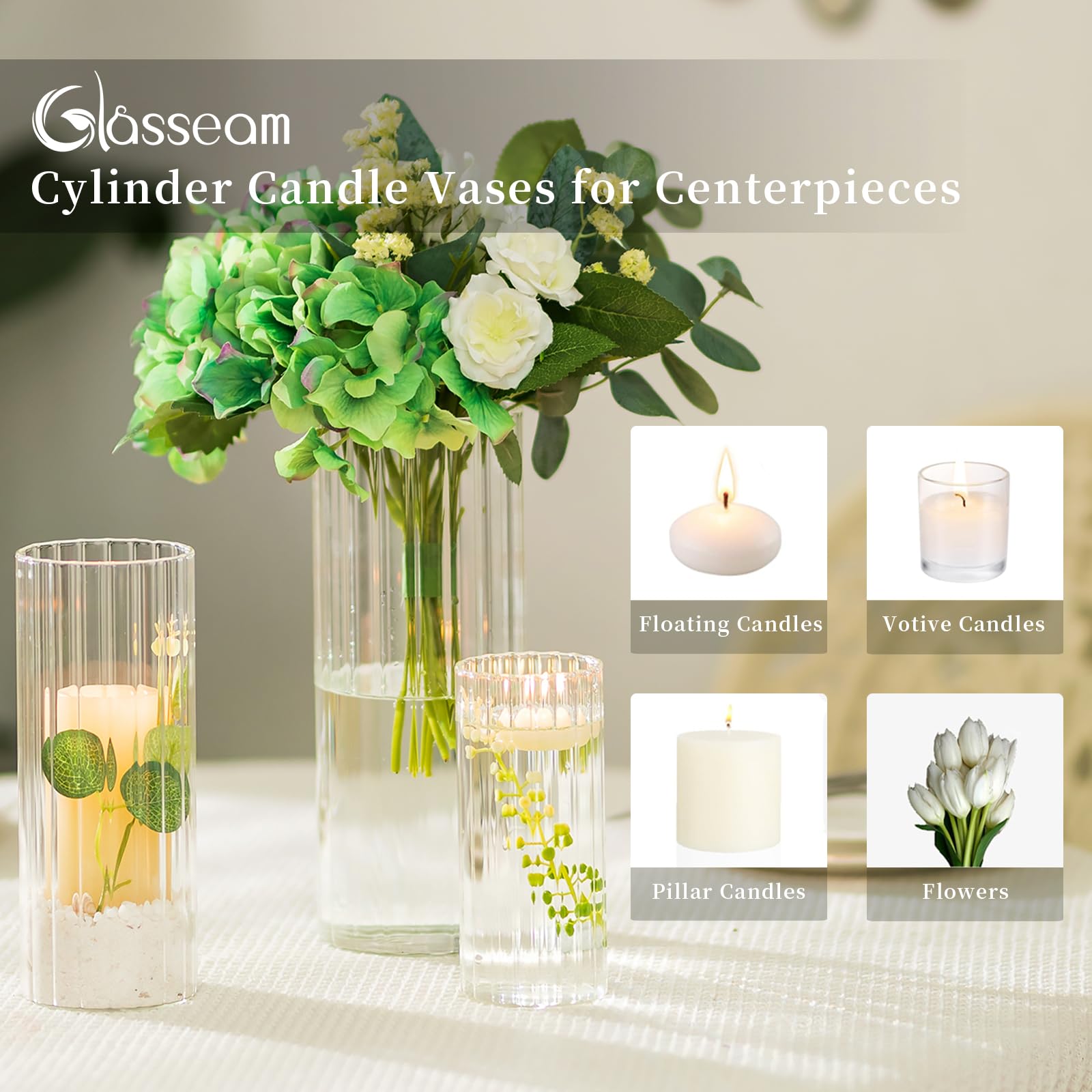 Glasseam holders with lit pillar candles creating warm ambient lighting benefit