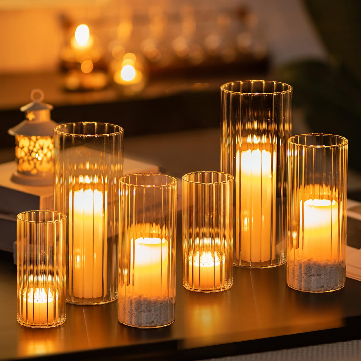 Glasseam front view of six-piece hurricane vase set showcasing elegant dining benefit