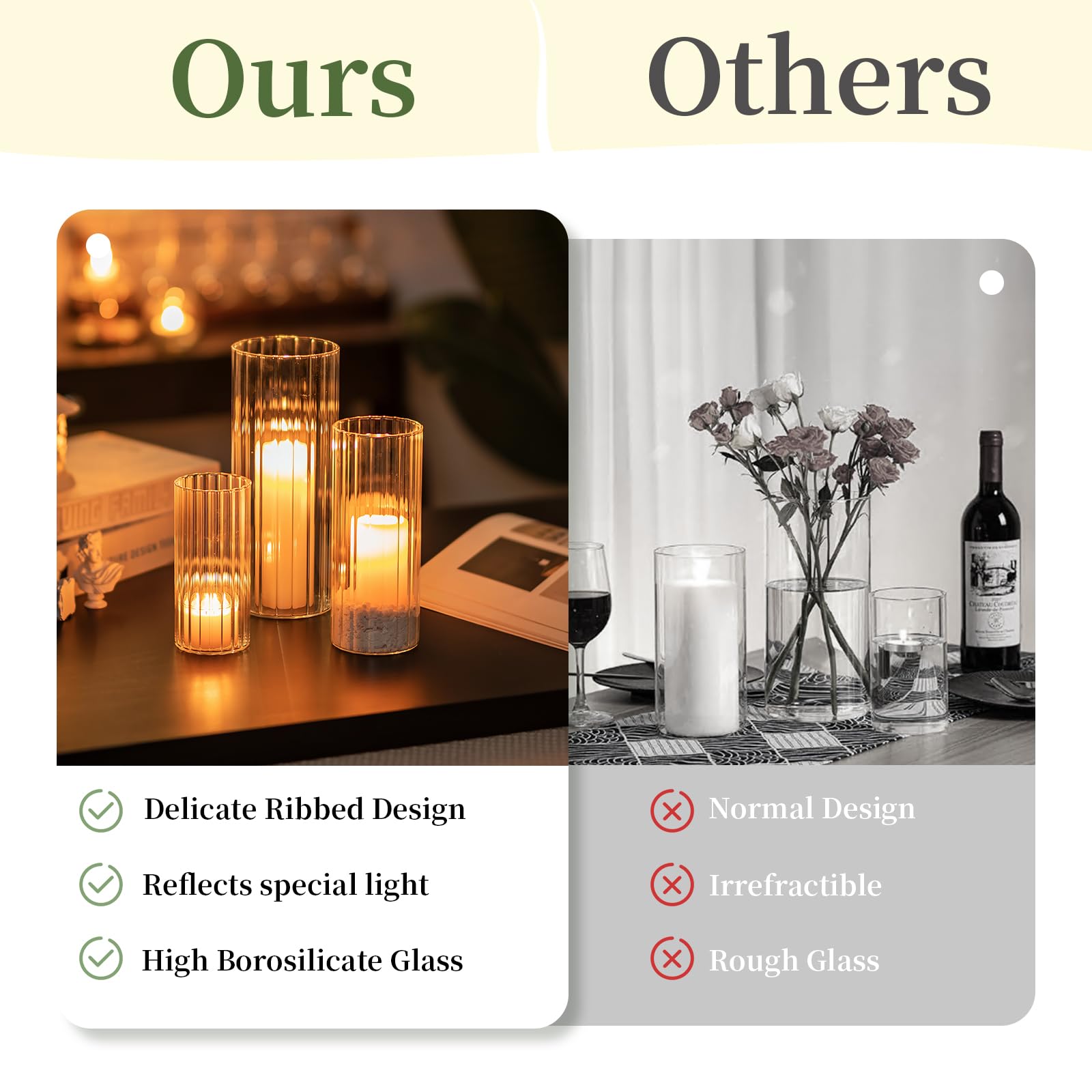 Glasseam size comparison on table showing graduated heights for layered decor benefit