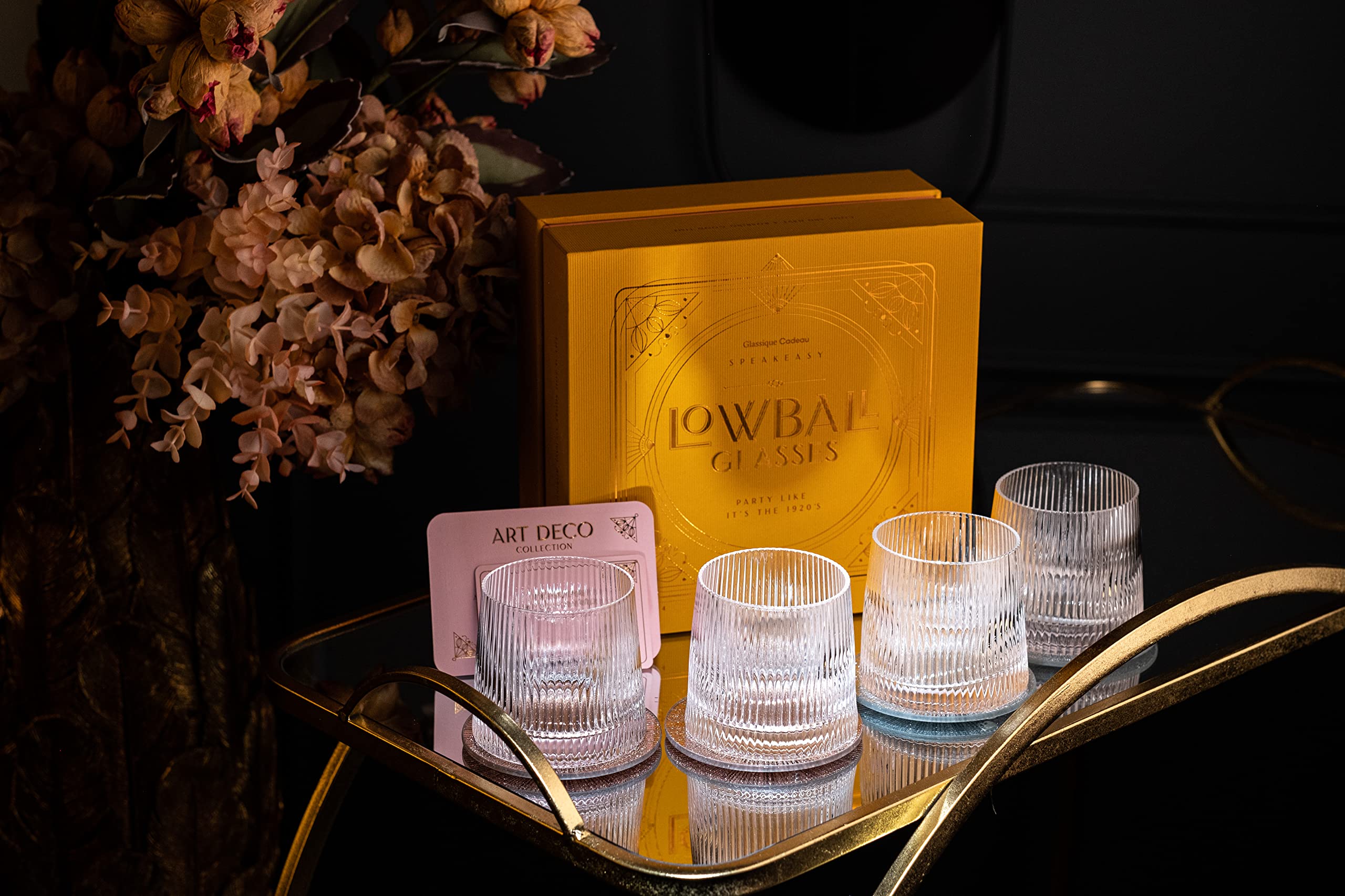 GLASSIQUE CADEAU on bar cart styled in lifestyle setting elevating home bartending