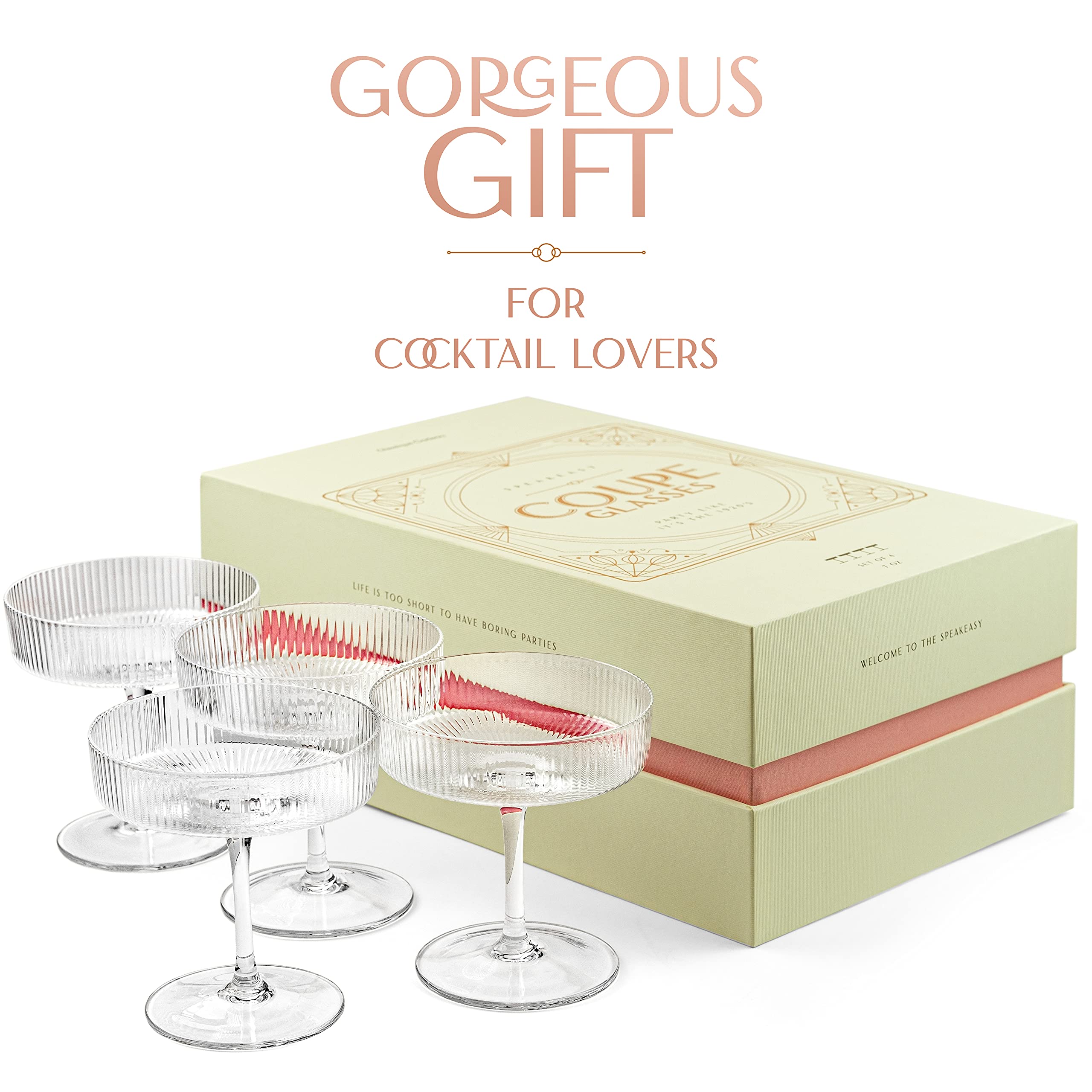 GLASSIQUE CADEAU four coupes arranged on bar showcasing elegant serving benefit