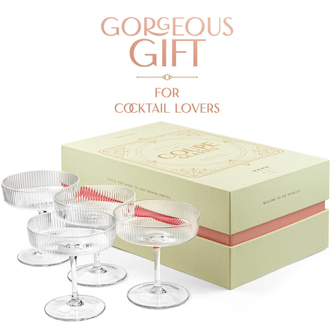 GLASSIQUE CADEAU four coupes arranged on bar showcasing elegant serving benefit