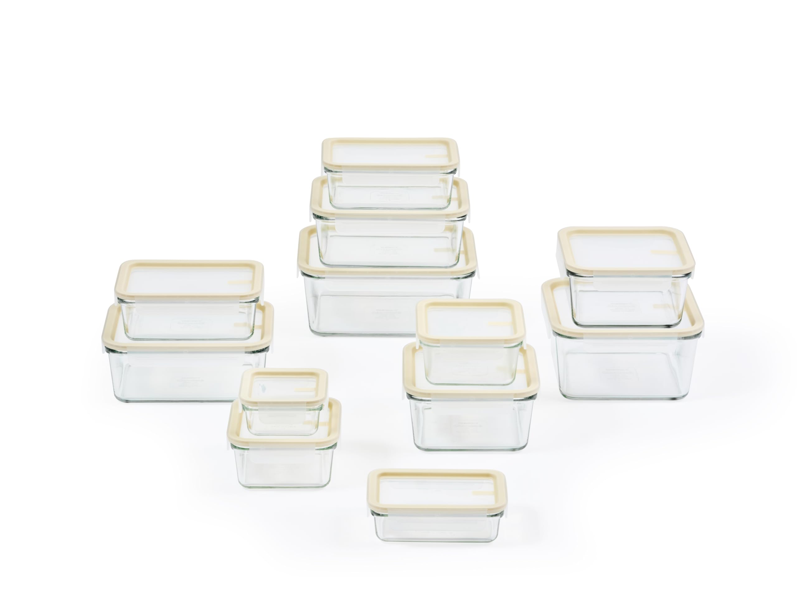Glasslock nested containers in cabinet showing space-saving benefit