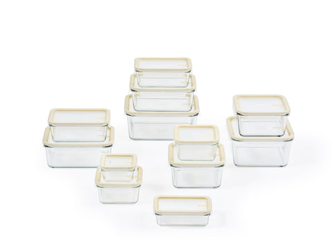 Glasslock nested containers in cabinet showing space-saving benefit