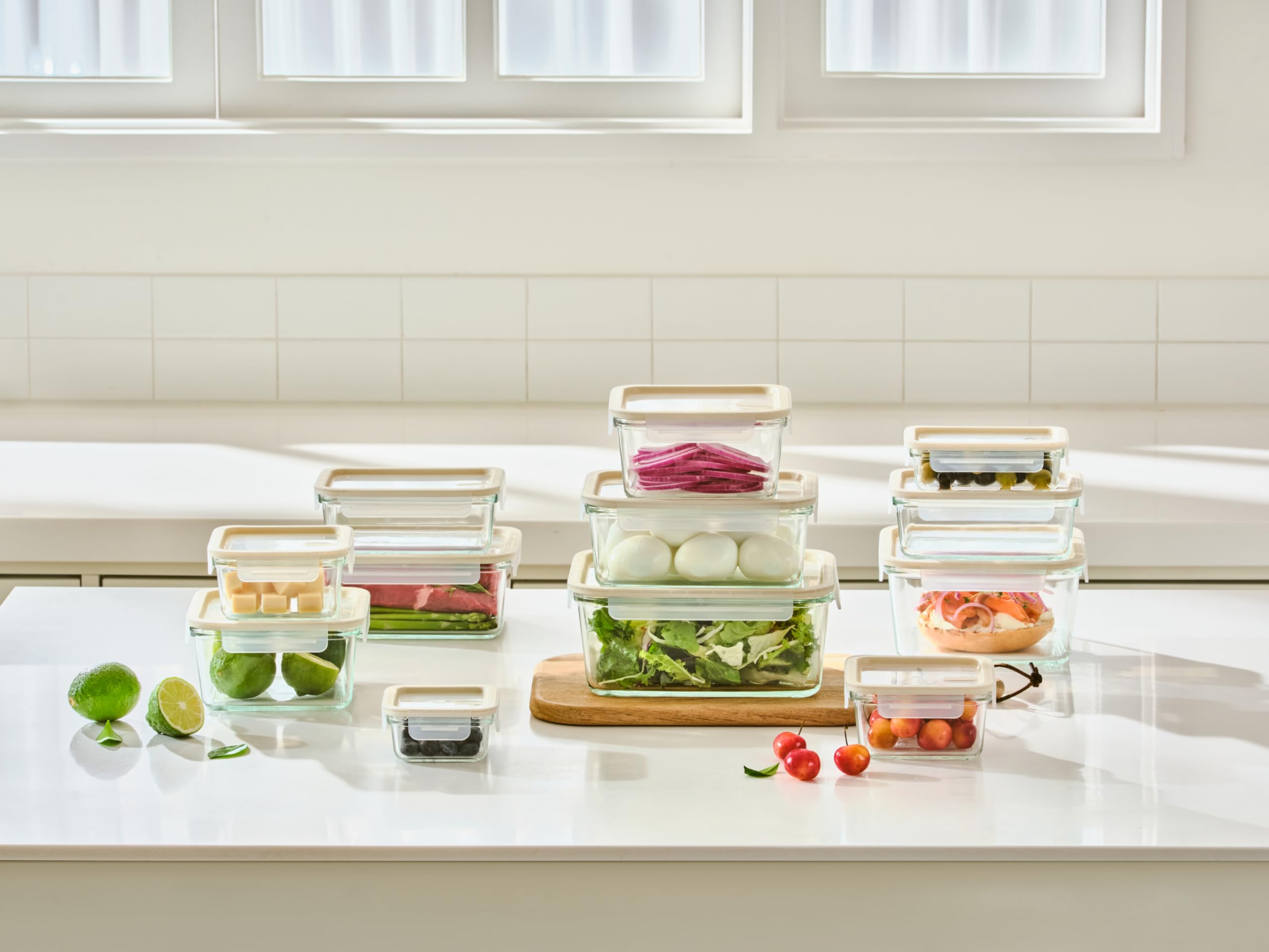 Glasslock stacked containers in fridge showing stable storage benefit