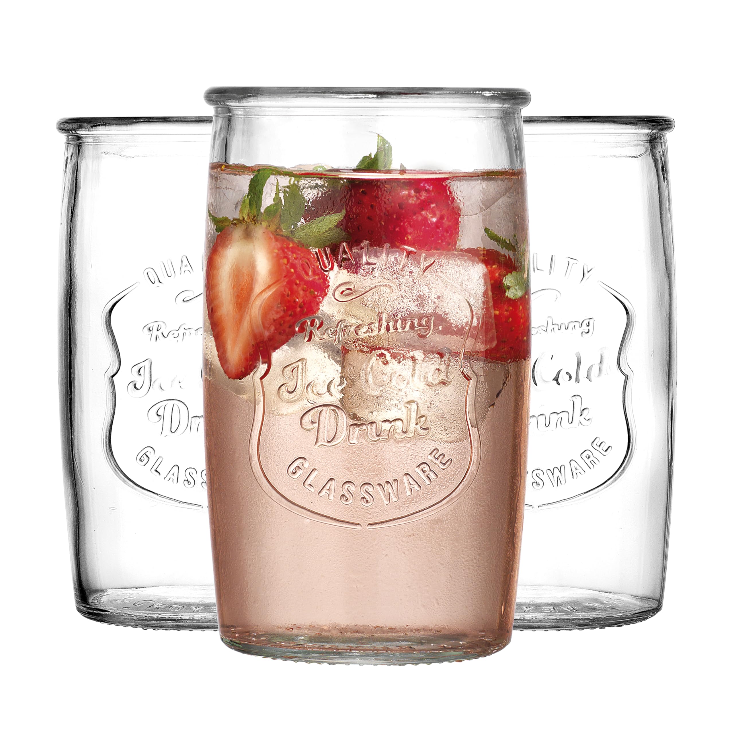 Glaver's front view of four clear tumblers showing vintage style benefits display