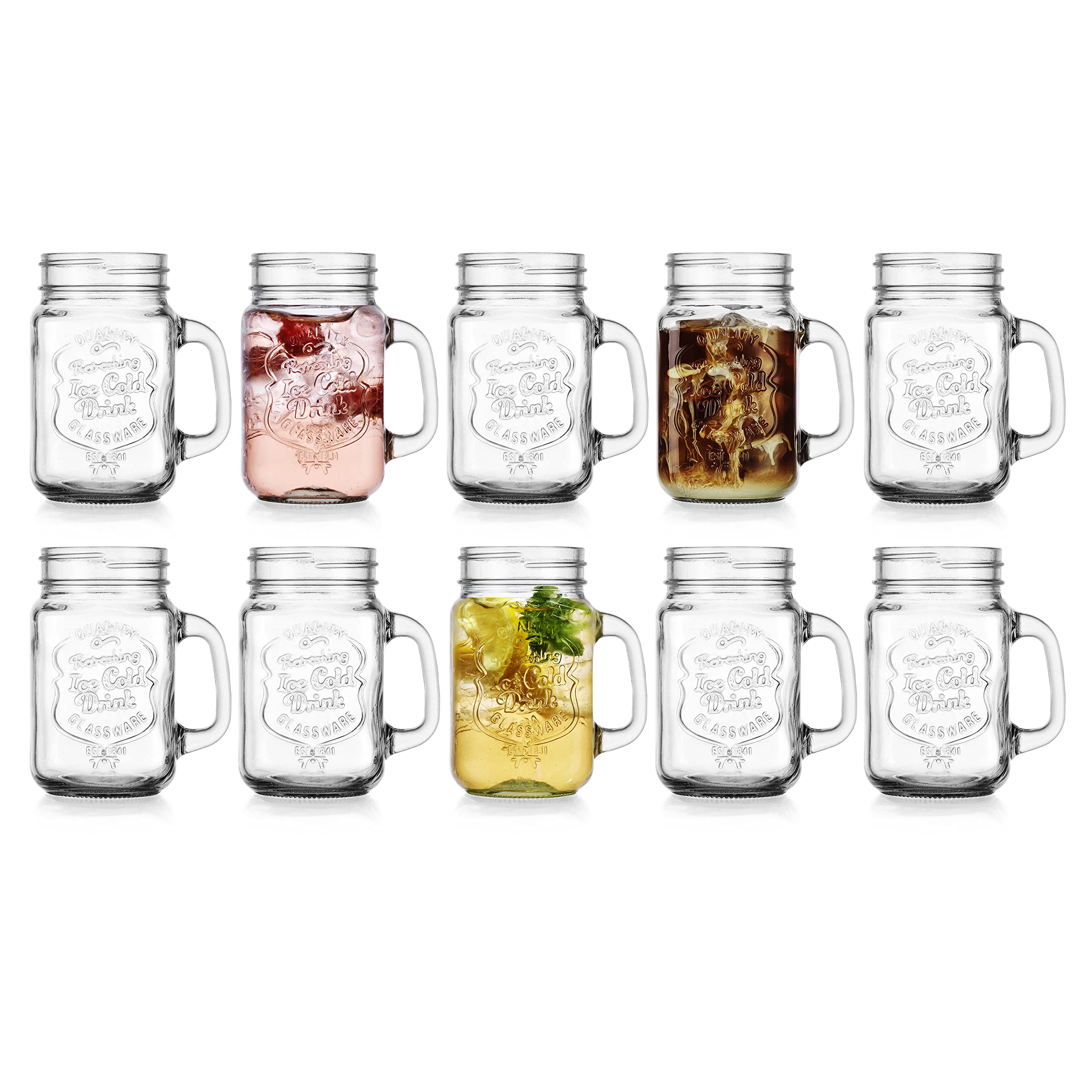 Glaver's front view of ten mason jars showing full set and packaging for coordinated serving