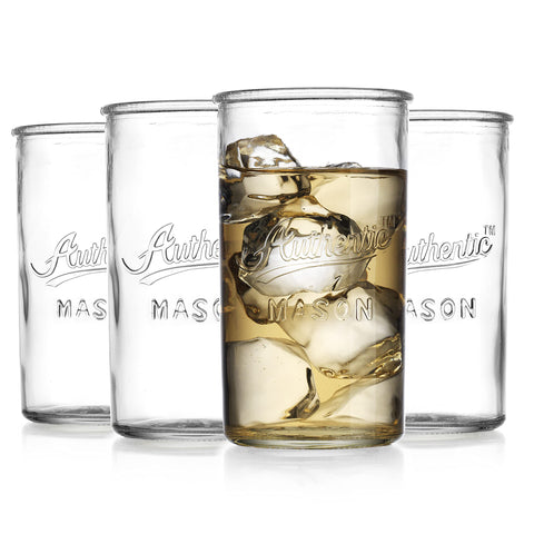Glaver's front view of four clear embossed tumblers showing vintage charm and gifting appeal