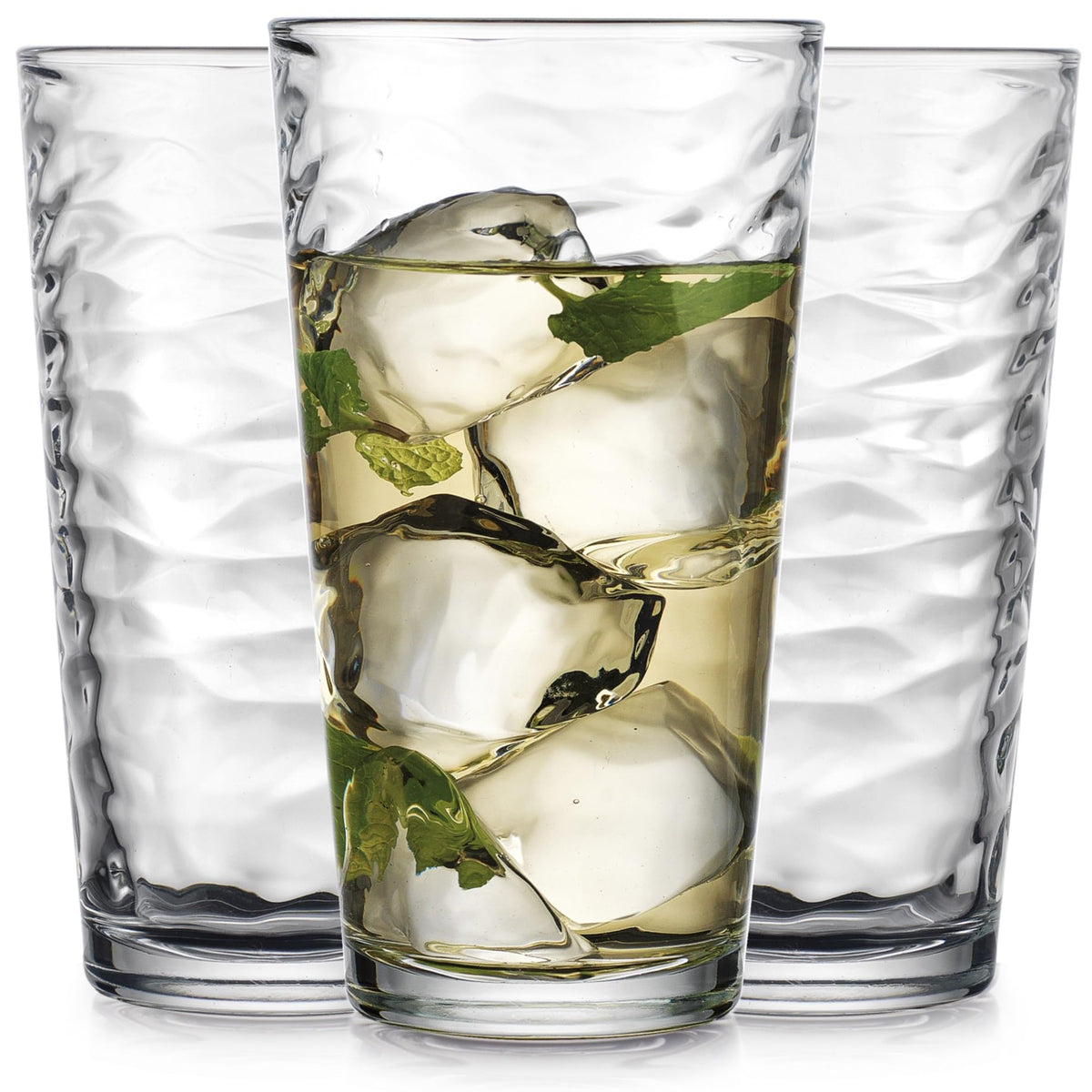 Glaver's front view of six glasses showing elegant textured pattern and cohesive set benefit