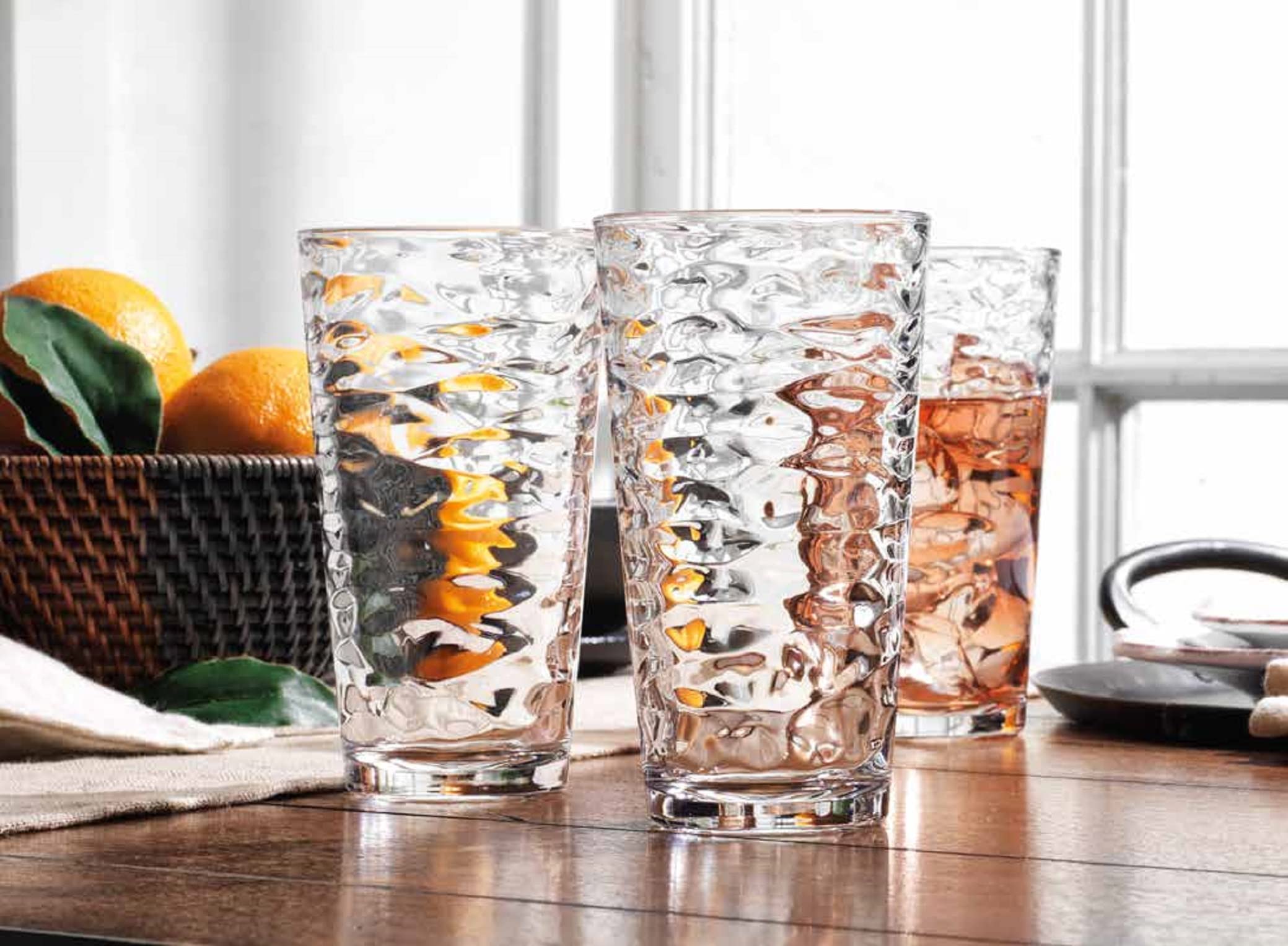 Glaver's side profile of six glasses illustrating uniform size and shelf-ready storage
