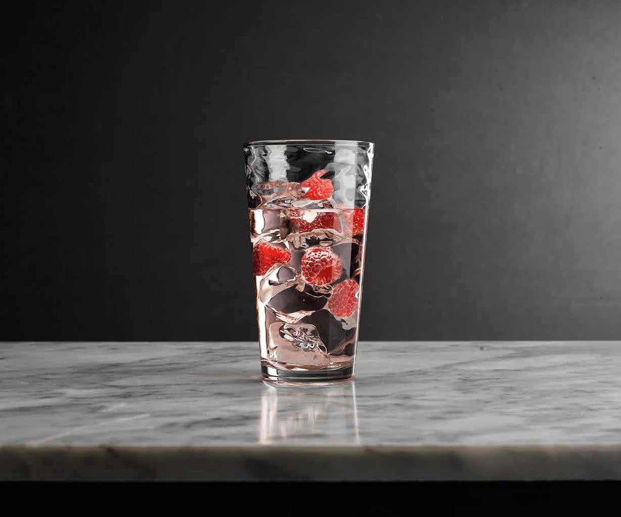 Glaver's large ice cubes inside glass showing capacity and chilled drink retention