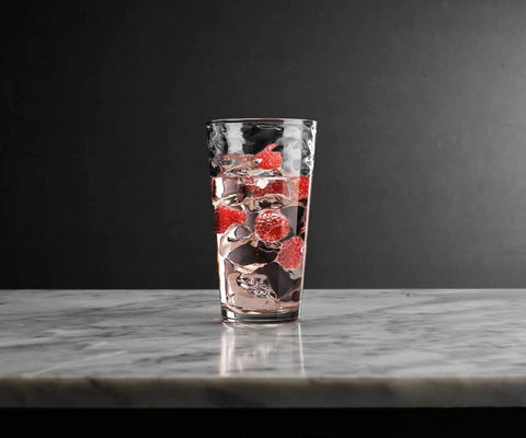 Glaver's large ice cubes inside glass showing capacity and chilled drink retention