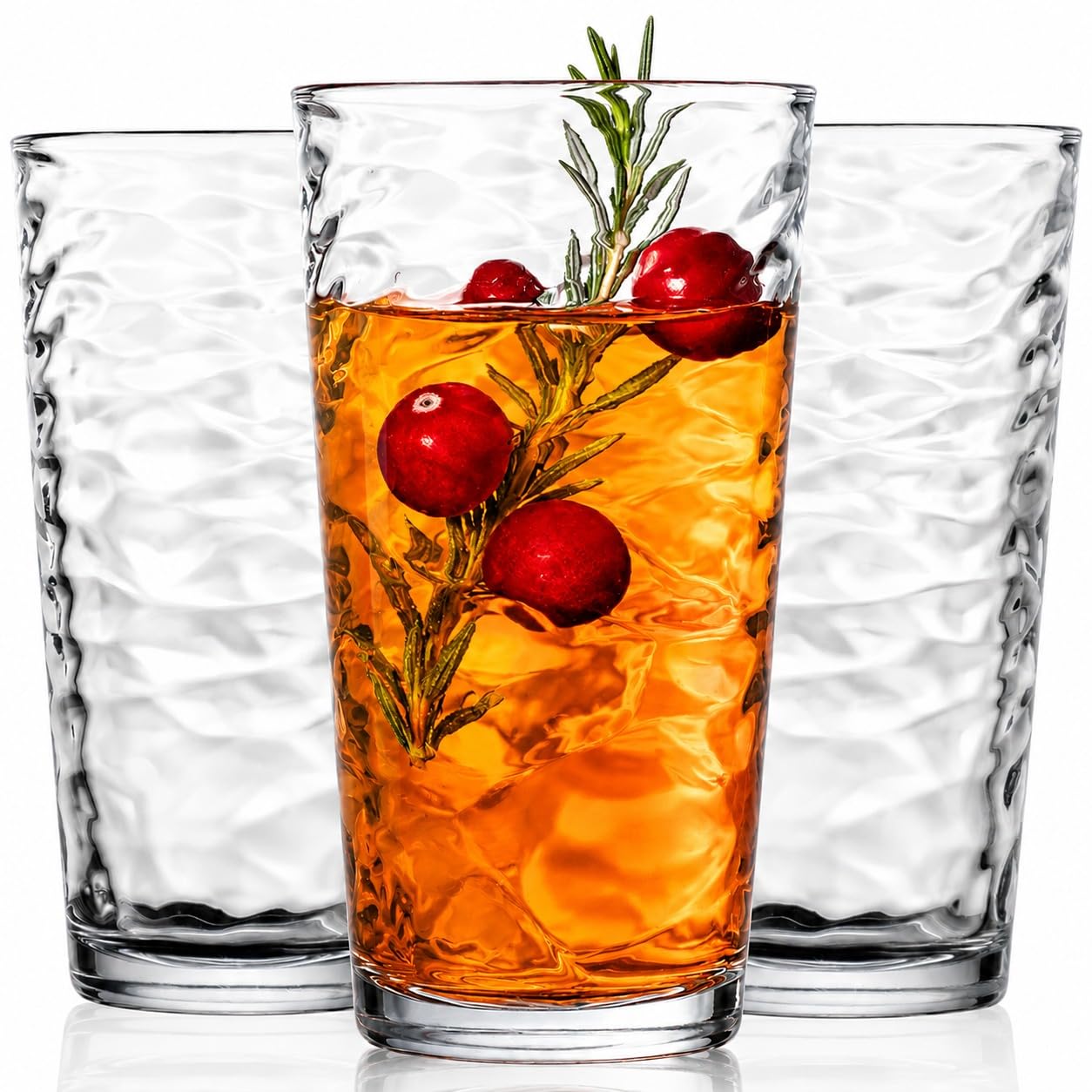 Glaver's front view of ten highball glasses highlighting elegant design and uniform set