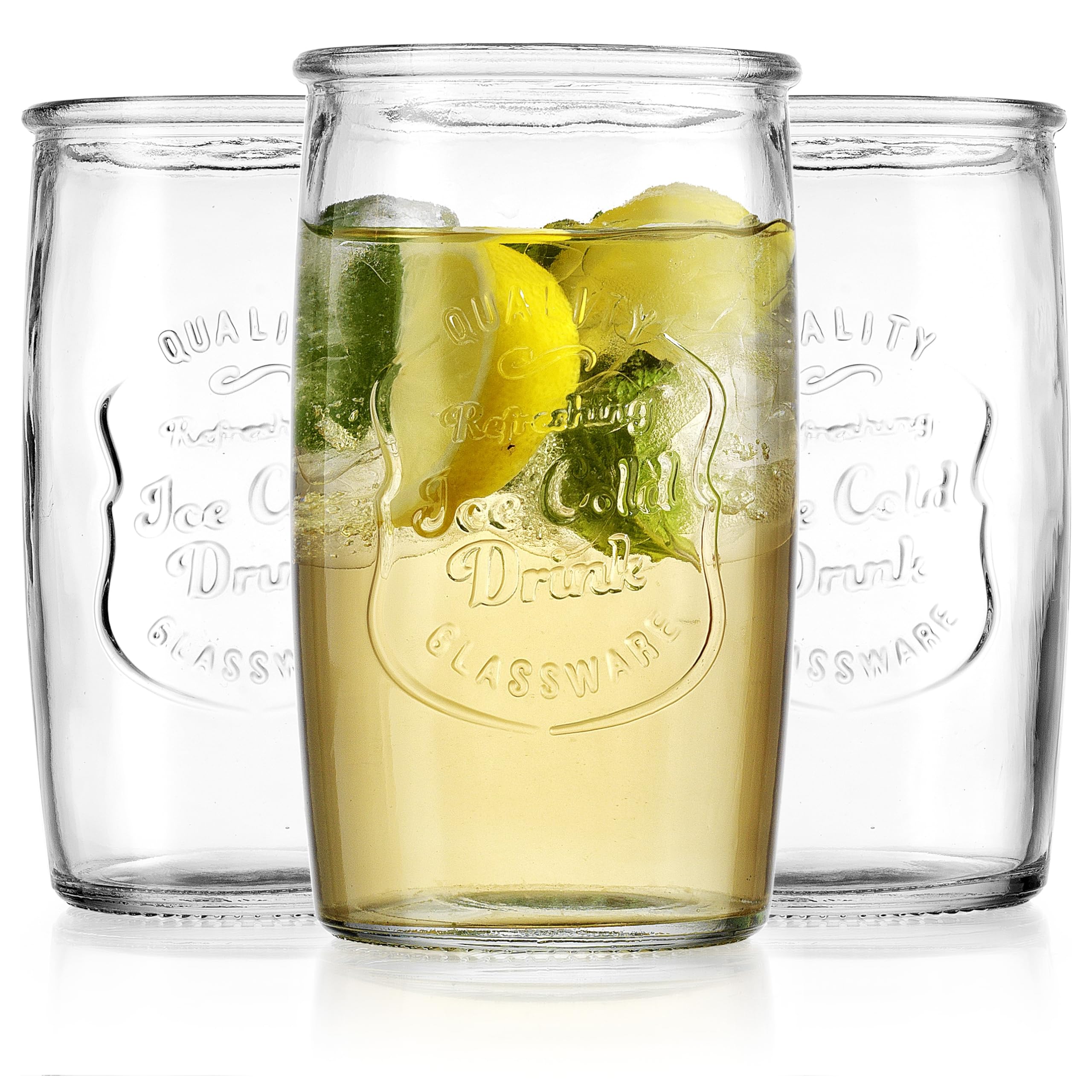 Glaver's stacked tumblers in cabinet, shows compact storage and chip-resistant rim alignment
