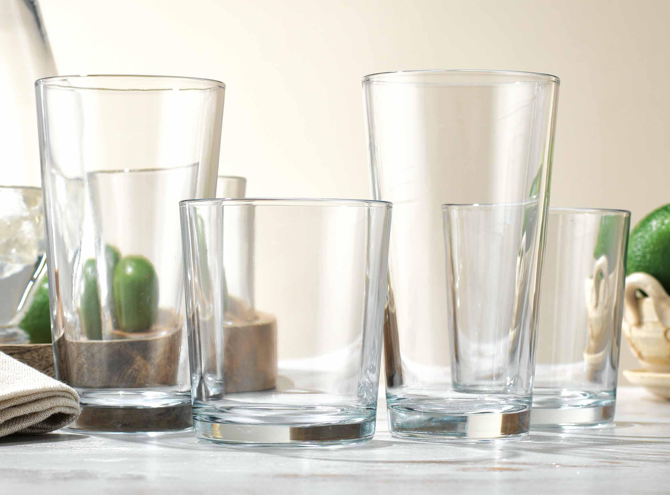 Glaver's glasses stacked in cabinet illustrating compact storage and space saving