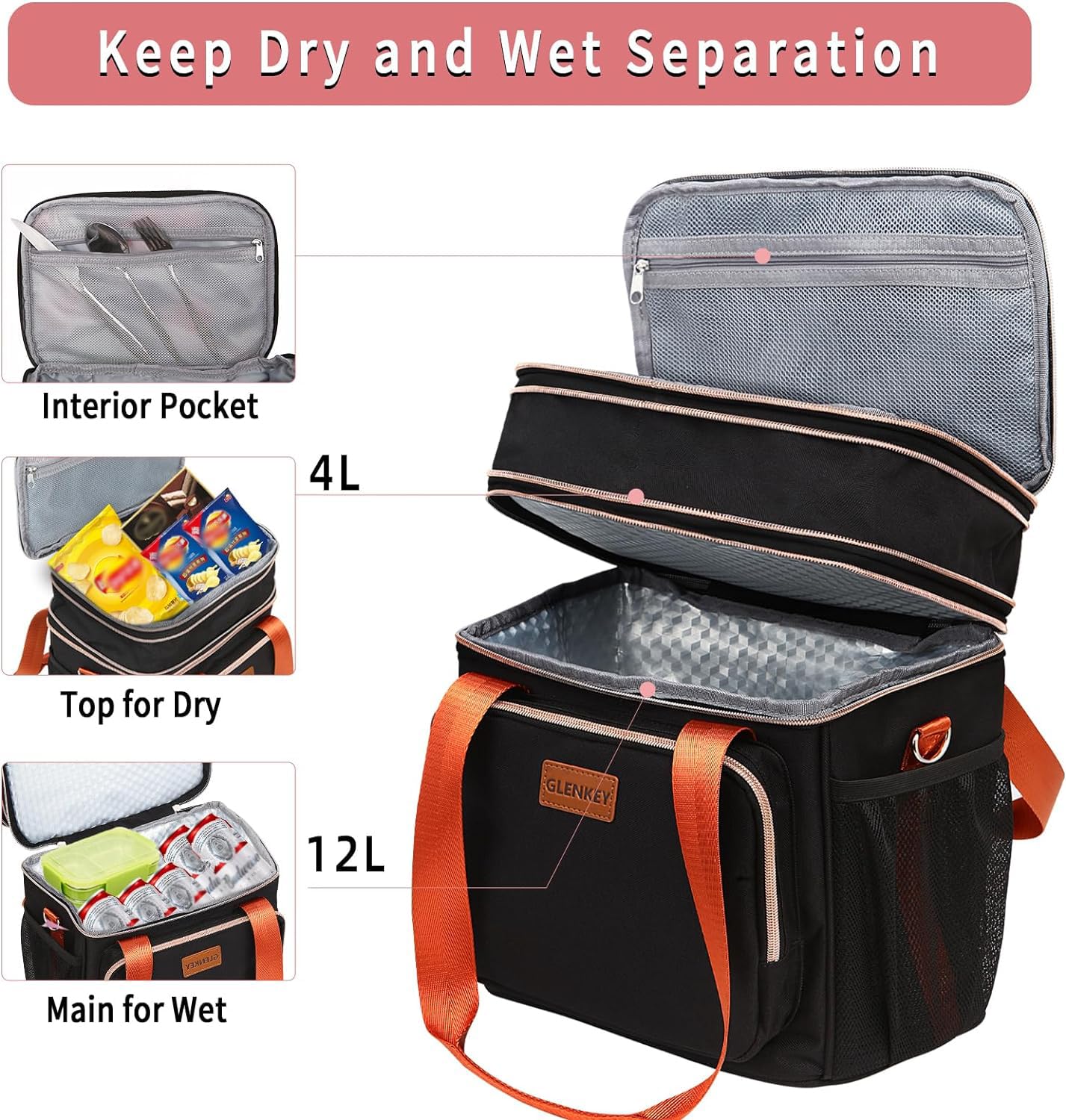 GLENKEY top compartment close-up demonstrating expandable zipper and extra storage capacity