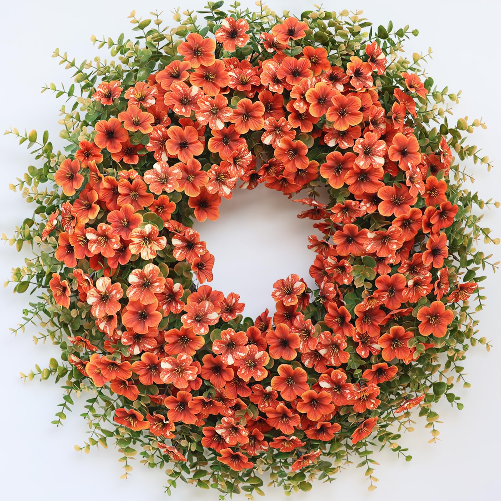GLIDLION front view of fall wreath showing full orange-red blooms and welcoming benefit