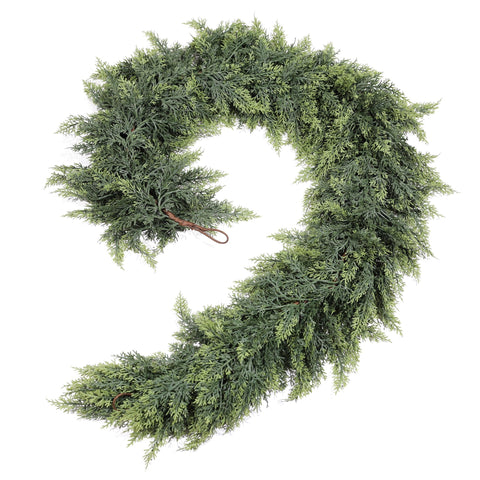 GlimLit cedar garland full-length on white background showing lush coverage