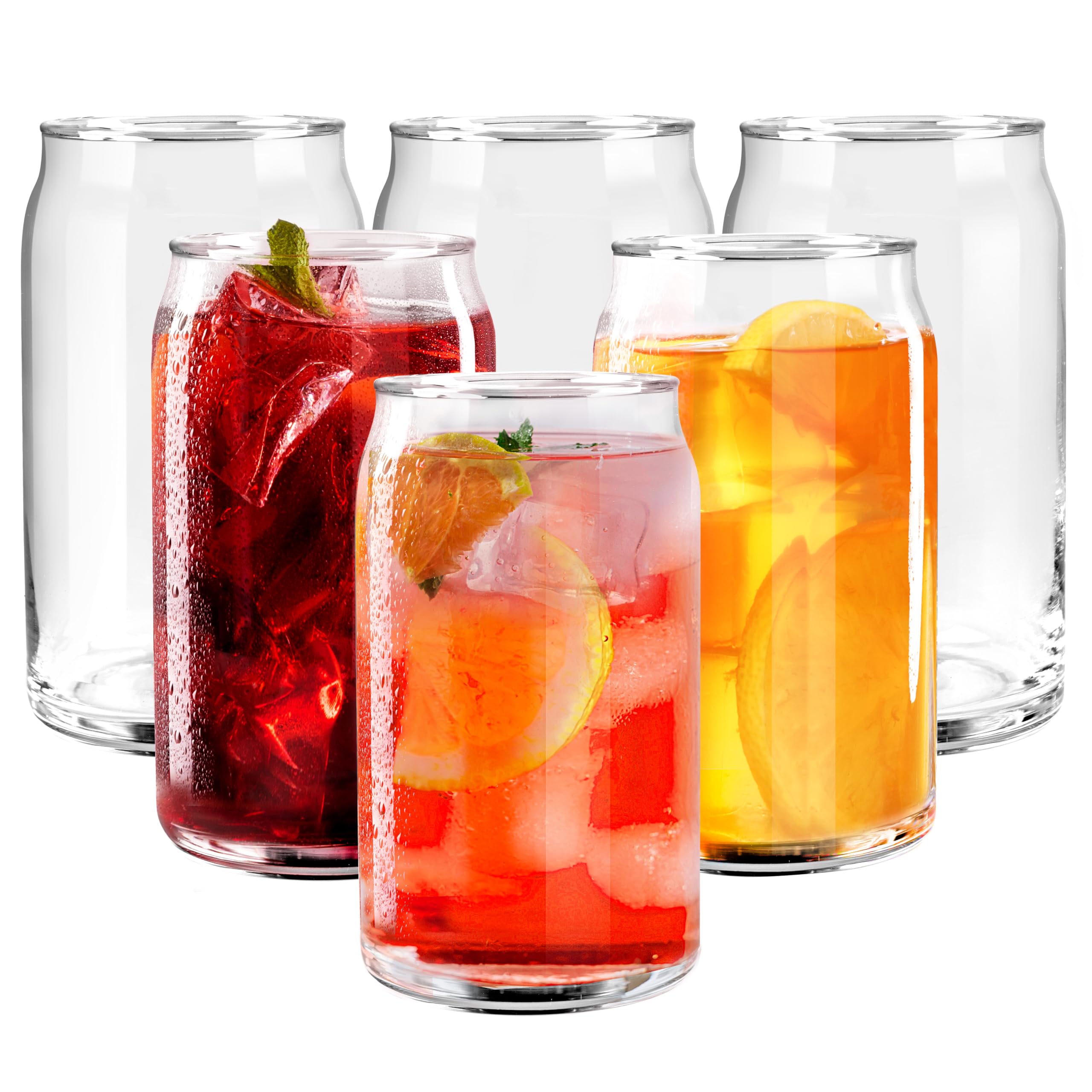 GLING front view of six 16 oz can-shaped glasses showing clear set and modern look
