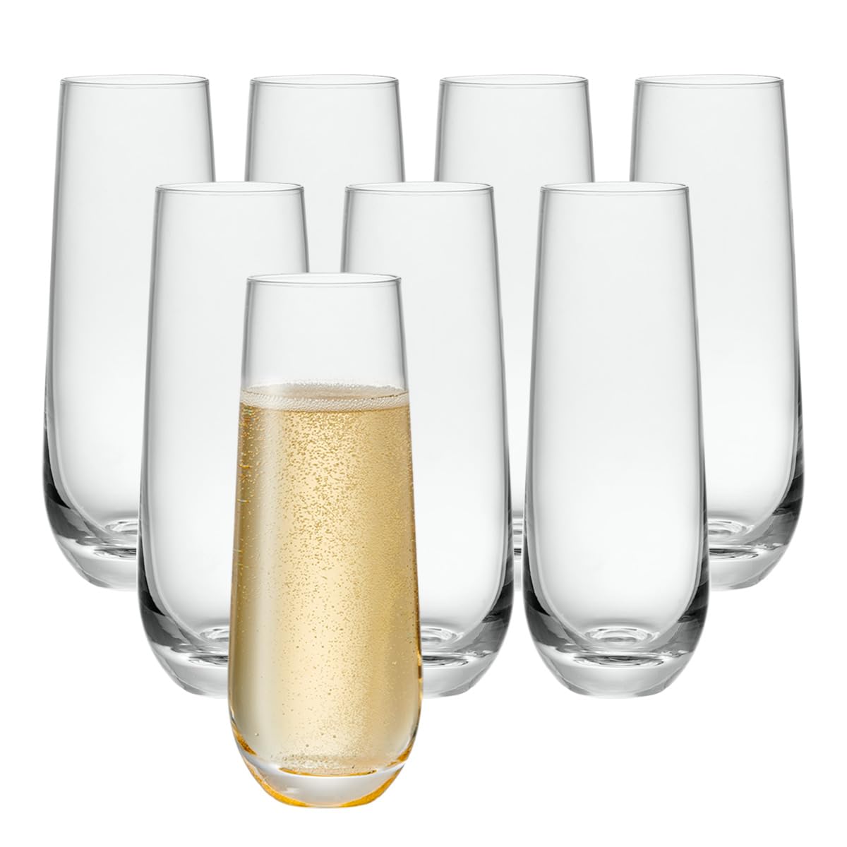 GLING front view of eight flutes showing elegant set and cohesive table look