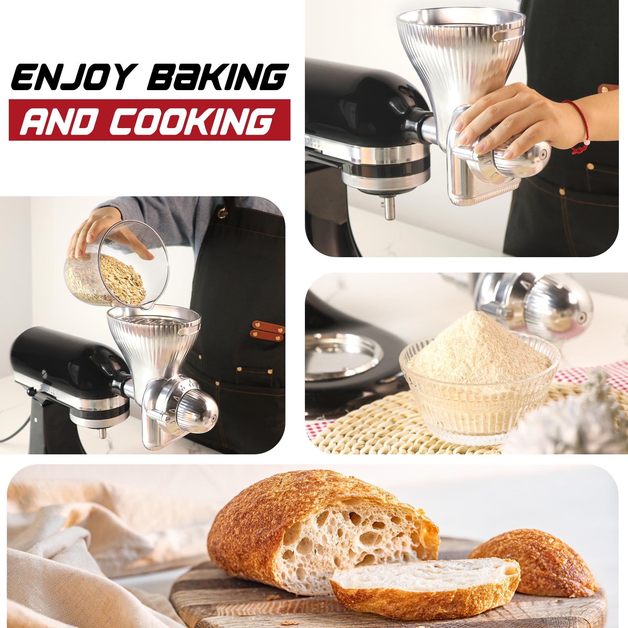 GLINK mounted on KitchenAid stand mixer with flour falling benefit: efficient powered milling
