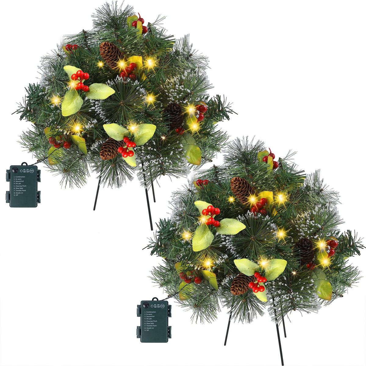 Glintoper front view of two mini lighted trees showing festive appeal