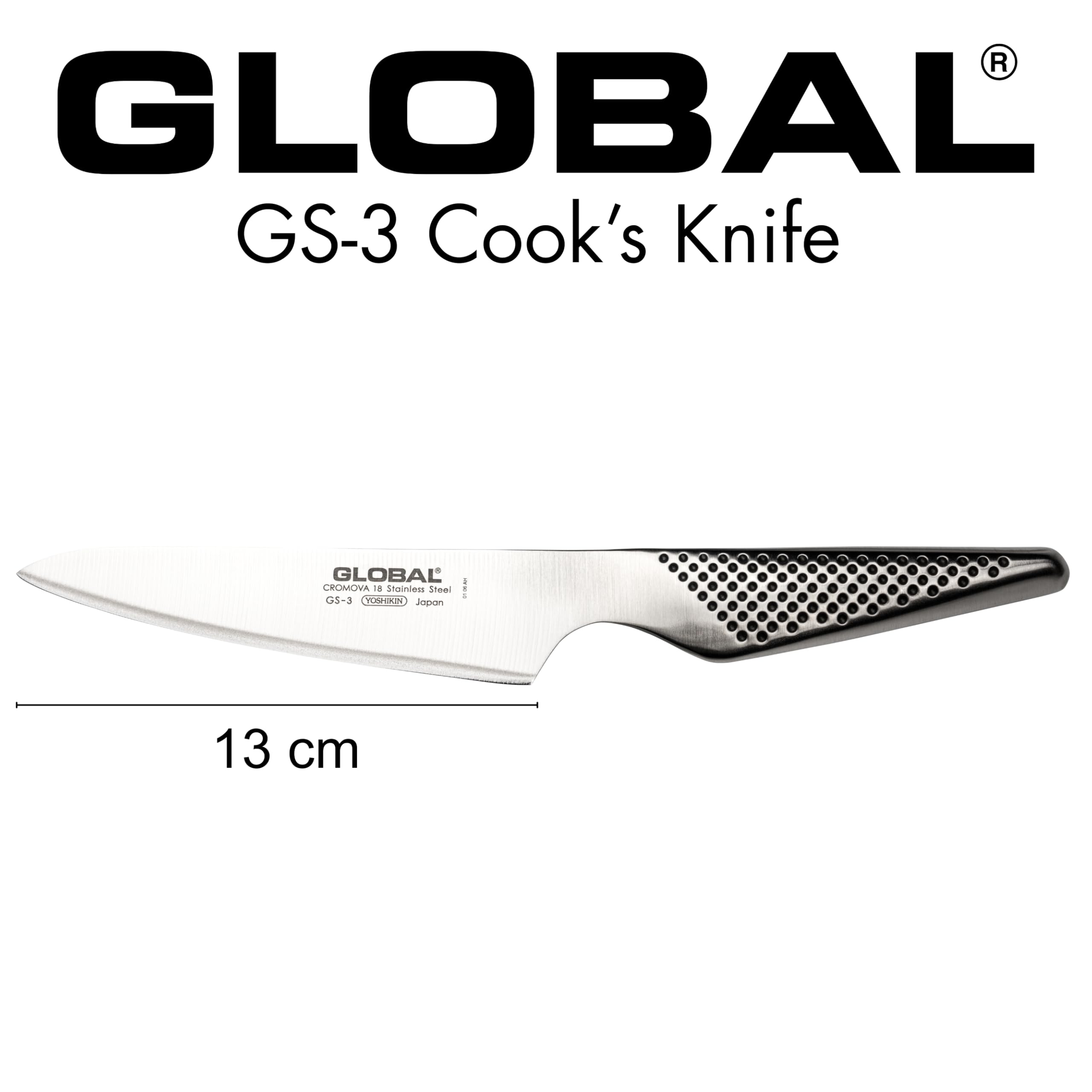 Global next to a paring knife to illustrate 5-inch size and versatility