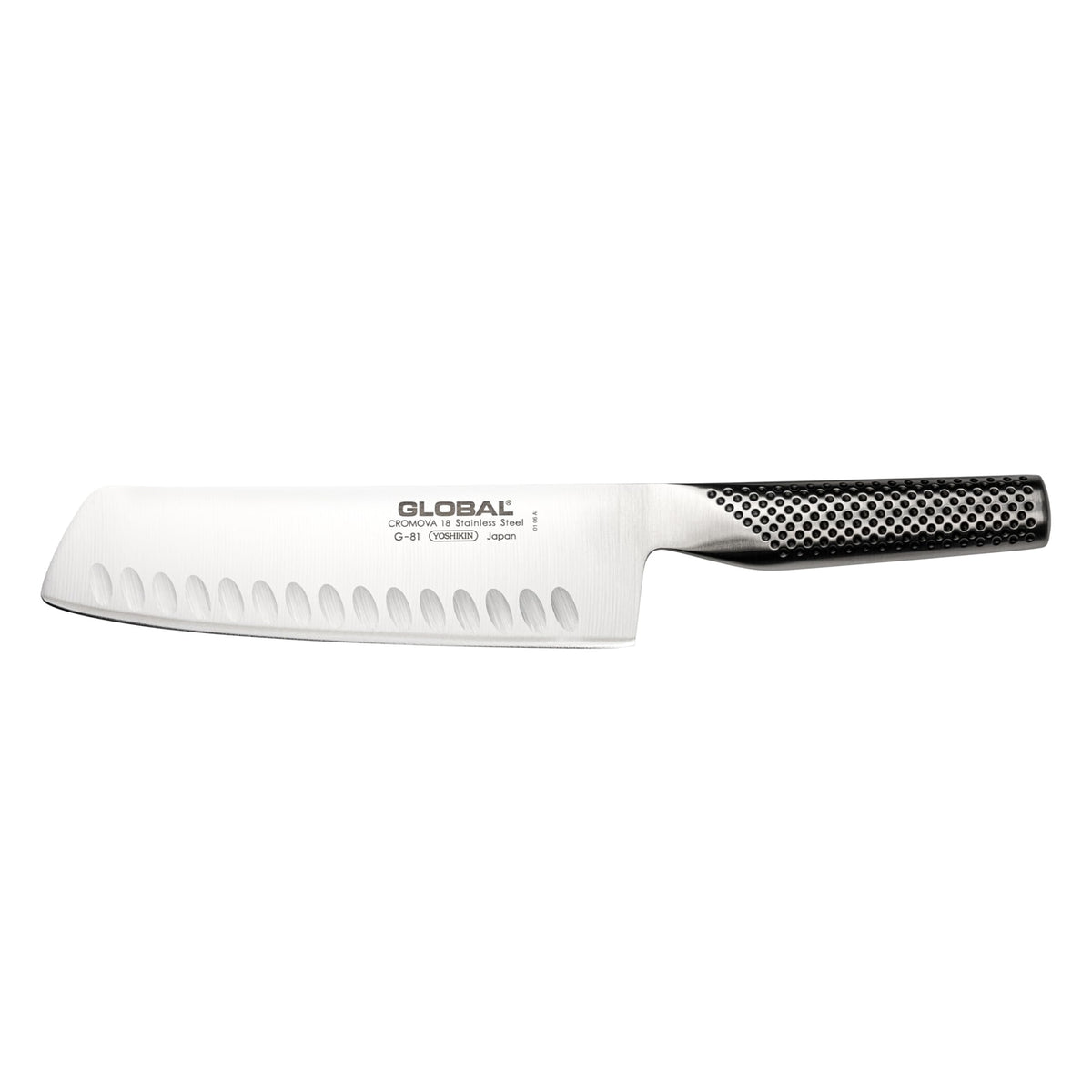 Global 7" nakiri front view showing blade and handle, precise balance benefit