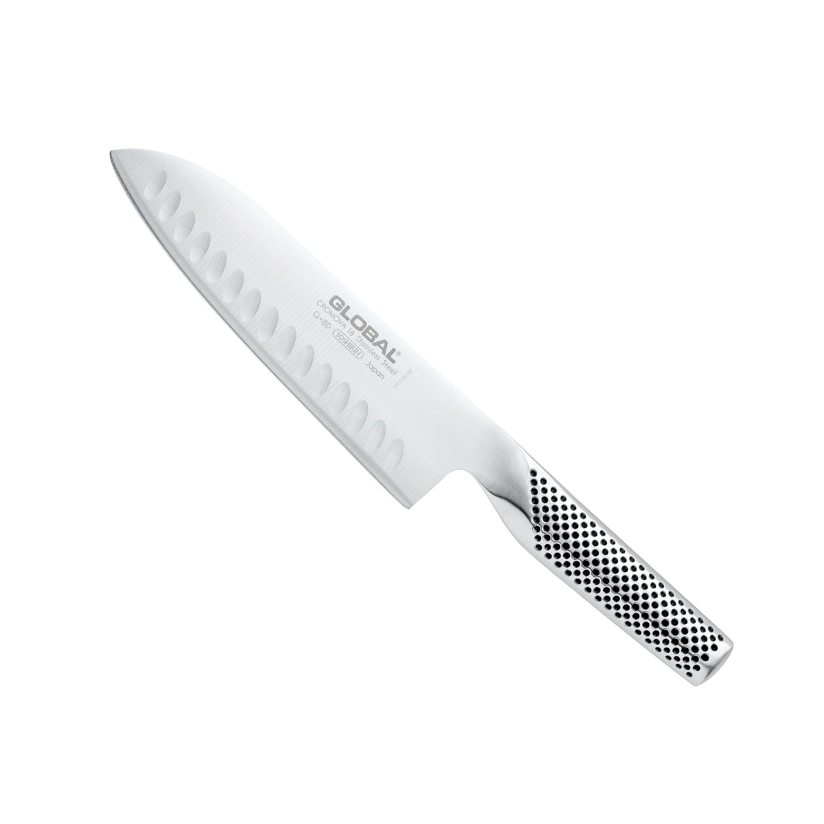 Global 7" Santoku front view showing sleek stainless blade and balanced feel